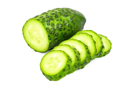 Sliced fresh cucumber isolated on white background with clipping path