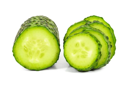 Sliced fresh cucumber isolated on white background with clipping path