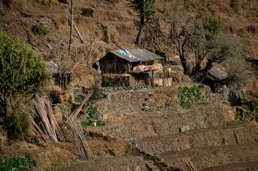 Traditional Nepalese mud house in the mountain village of Ghorepani in Pokhara, Nepal