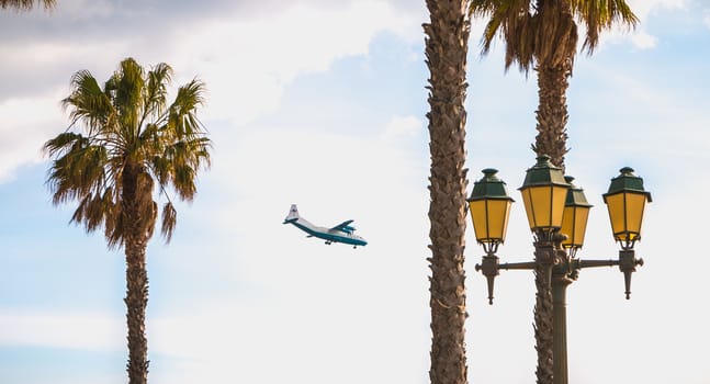 Faro, Portugal - May 1, 2018: Aerov Airlines Antonov An-12 A plane on approach to Faro International Airport on a spring day