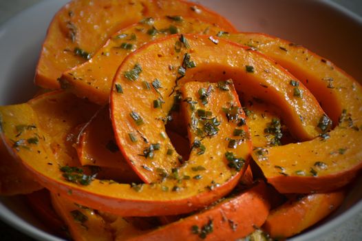 Home made roasted pumpkin, healthy vegan dish to stay healthy and cope with home quarantine due to covid-19 pandemic