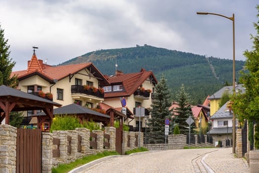 Picturesque street in Szklarska Poreba town, Giant Mountains, Poland