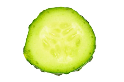 Closeup of single cucumber slice isolated on white background with clipping path