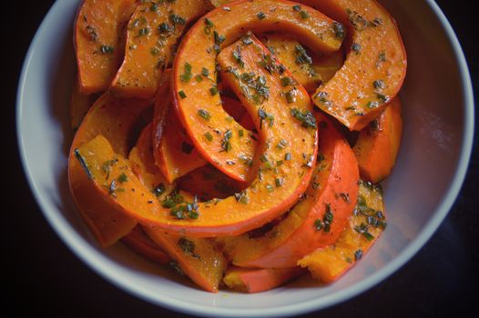 Home made roasted pumpkin, healthy vegan dish to stay healthy and cope with home quarantine due to covid-19 pandemic