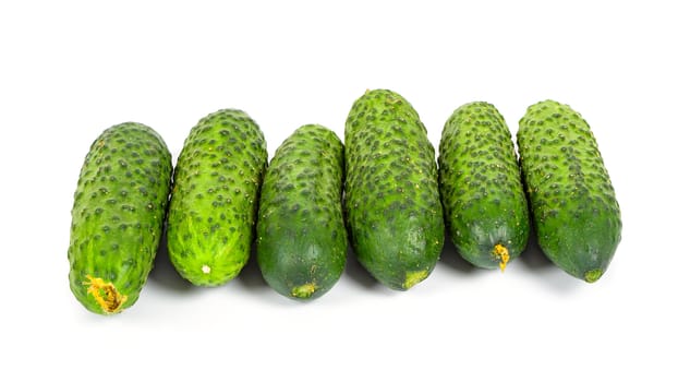 Fresh cucumbers laying in a row isolated on white background with clipping path