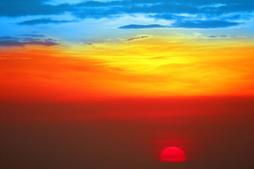 blue orange yellow red silhouette sky in sunset back on the cloud