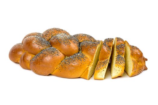 Fresh sliced challah bread isolated on white background with clipping path