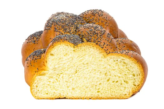 Fresh sliced challah bread isolated on white background with clipping path