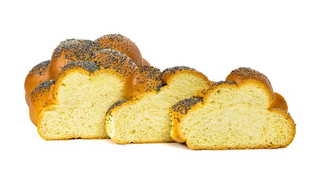 Fresh sliced challah bread isolated on white background with clipping path