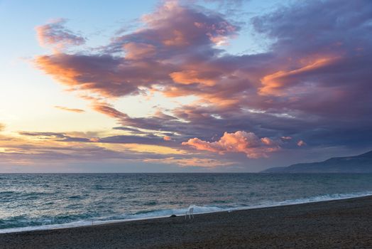 Picturesque sunset on the Calabrian beach in Italy