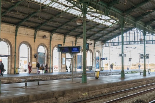 Sete, France - January 4, 2019: traveler walking on the platforms of the city train station on a winter day