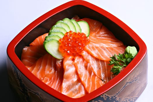 Kaisen salmon donburi, Fresh salmon and ikura roe topped on rice
