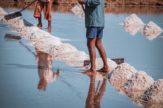 Cinematic photo of saltfield worker harvesting salt in Kampot Province in Cambodia that shows the local culture, livelihood and real life of the Khmer people