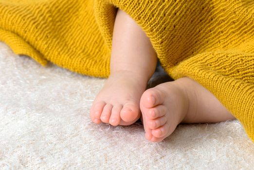 Close up of newborn baby feet on soft blanket