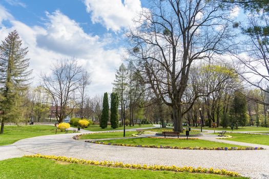 View of Kopczynski Park in Wisla town center in Beskid Mountains, Poland