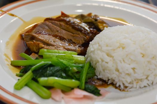 Delicious Chinese food. Rice with roast duck and boiled green vegetable on white dish.