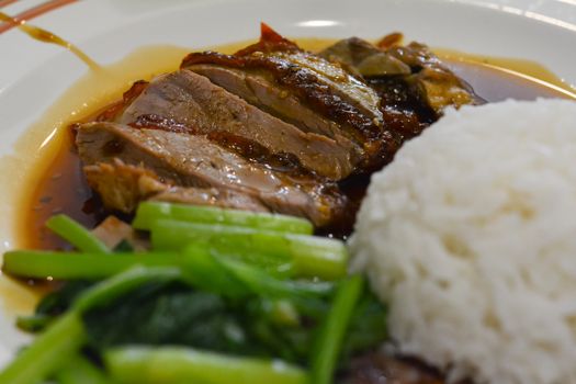 Delicious Chinese food. Rice with roast duck and boiled green vegetable on white dish.