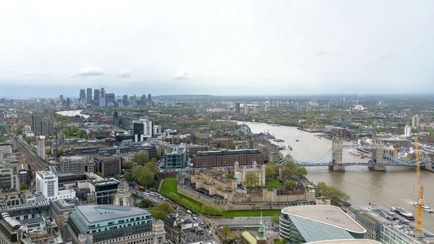 Skyline of eastern London with skyscrapers in the docklands