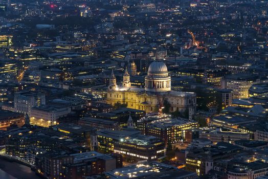 Aerial view of St Pauls Cathedral in London at night, UK