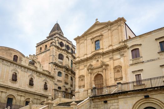 Facade of the San Francesco Assisi church in Noto, Sicily, italy