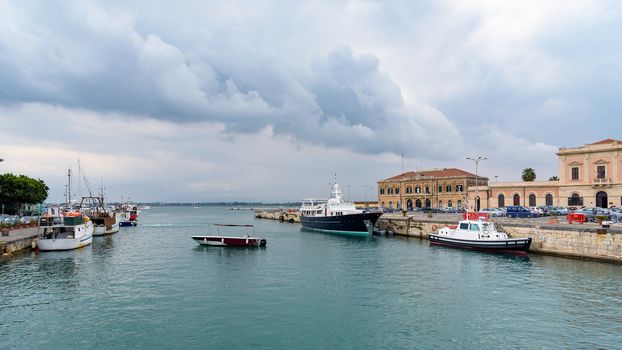 Panoramic view of port of Syracuse at the Ortigia Island, Sicily, Italy
