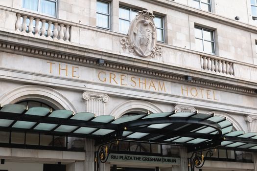 Dublin, Ireland - February 12, 2019: view of the front of the luxurious hotel The Gresham Hotel in the historic city center on a winter day