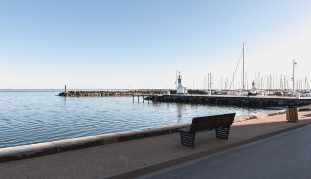 Marseillan, France - January 3, 2019: view of a small port in the south of France in Marseillan village where are moored small pleasure boats on a winter day