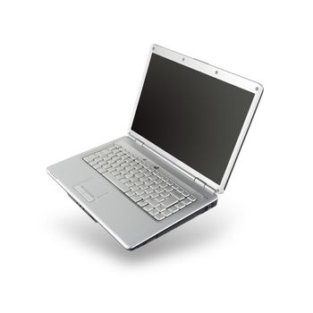 An open laptop floating angled with drop shadow and clipping path