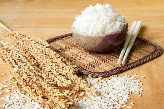 Cooked rice in bowl with raw rice grain and dry rice plant on wooden table background.