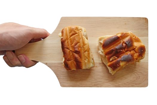 Toast on a wooden tray.