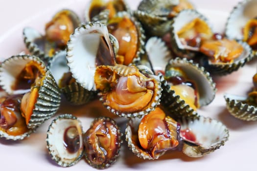 Closeup of Boiled cockles. selective focus.