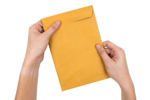 Hands holding envelope isolated on white background.