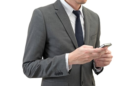 Businessman holding mobile phone  isolated on white background.