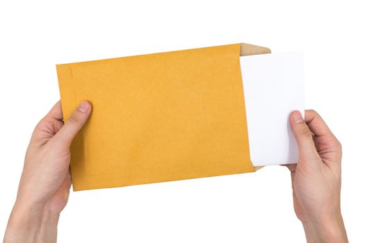 Hands holding envelope with document isolated on white background.