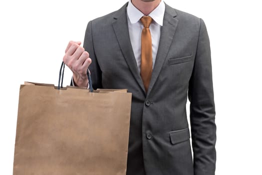 Businessman holding a shopping bag  isolated on white background.