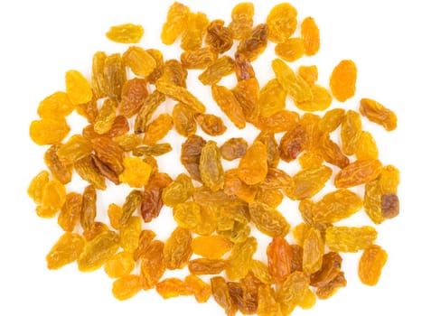 Yellow raisins on white background.