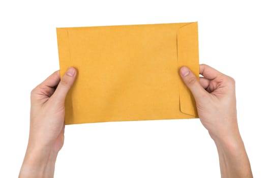 Hands holding envelope isolated on white background.