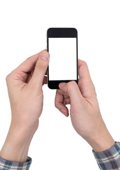 Male hands holding a mobile phone with touch blank white screen on white background.