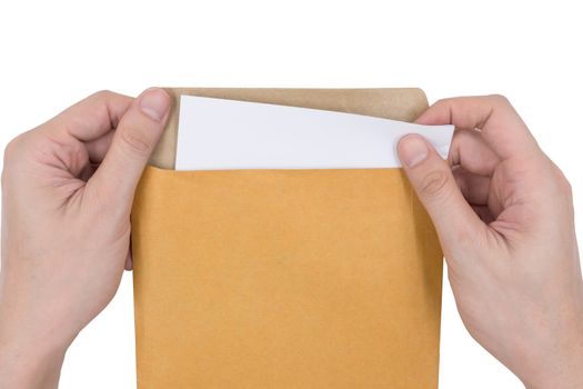 Hands holding envelope with document isolated on white background.