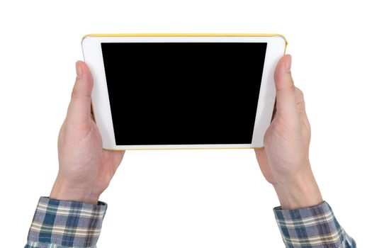 Male hands holding a white tablet touch computer gadget with touch blank black screen isolated on white background.