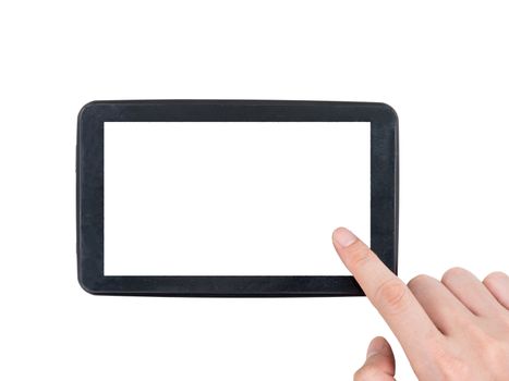 Male hand with tablet touch computer gadget with touch blank screen on white background.