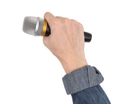 Male hand holding microphone on white background.