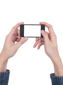 Male hands holding a mobile phone with touch blank white screen on white background.