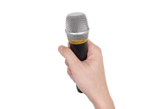 Male hand holding microphone on white background.