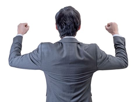 backview of businessman standing with hands up.