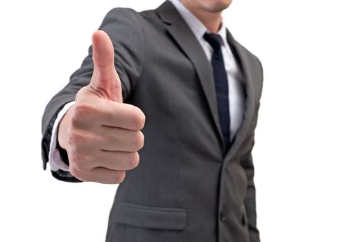 Businessman showing thumbs up isolated on white background.