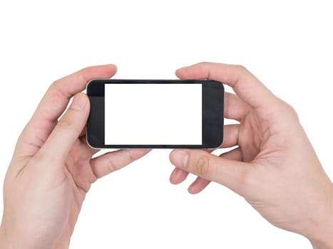 Male hands holding a mobile phone with touch blank white screen on white background.