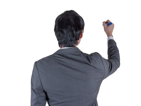 backview of businessman writing with marker on white space.