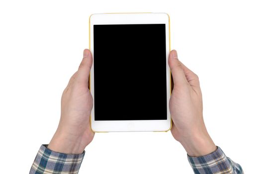 Male hands holding a white tablet touch computer gadget with touch blank black screen isolated on white background.