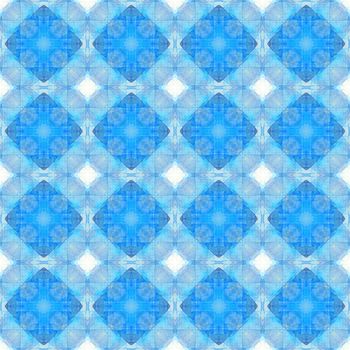 A seamless pattern of complex tiles in various shades of blue with squares and crosses
